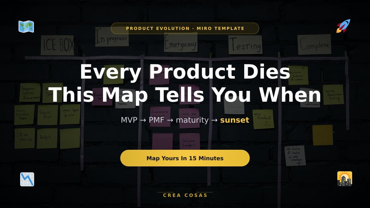 Miniatura de Mapa de evolución de producto en Miro: MVP, PMF y sunset